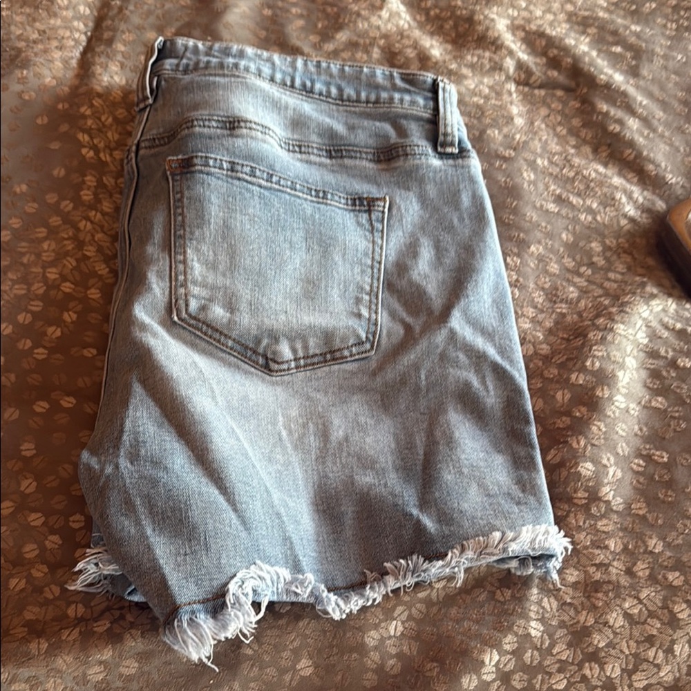 Blue Distressed Jean Shorts with Frayed Hem - Picture 3 of 6